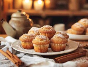 Vegetarian cinnamon sugar donut muffins on a plate with a cinnamon stick garnish.