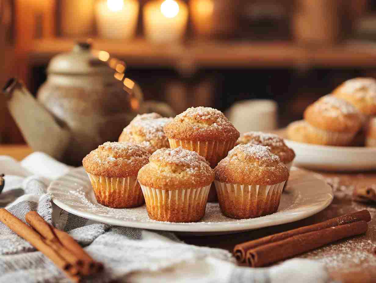 Vegetarian cinnamon sugar donut muffins on a plate with a cinnamon stick garnish.