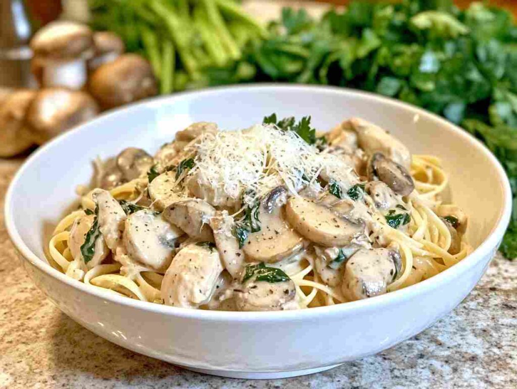 Garlic Parmesan Chicken Pasta with added spinach and mushrooms.