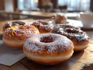 A variety of Long John donuts with different toppings.