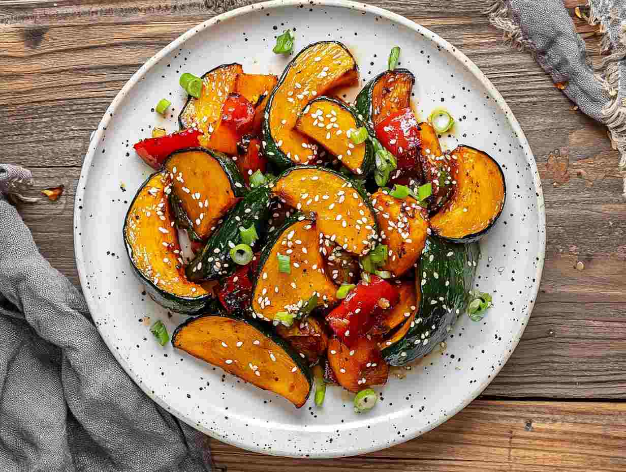 Vegan Chinese Kabocha Squash Recipes: A beautifully plated vegan dish featuring Kabocha squash and stir-fried vegetables, garnished with sesame seeds