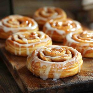 A delicious plate of apple cinnamon rolls topped with homemade apple pie filling and a sweet glaze