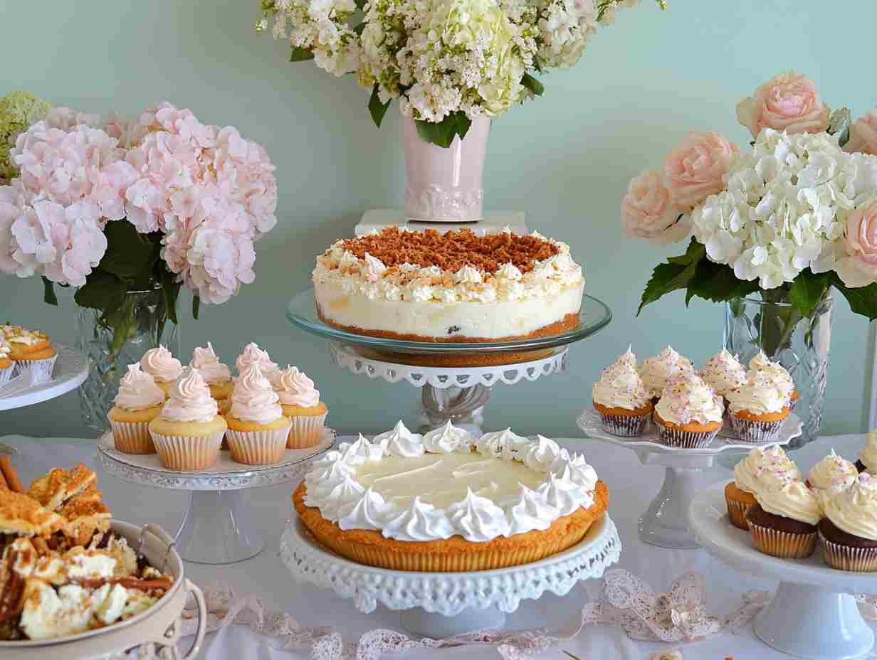 A dessert table showcasing cream cheese and white chocolate pudding mix recipes, including trifles, cheesecakes, cupcakes, and pie.