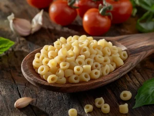 Ditalini pasta on a wooden spoon with fresh tomatoes and basil
