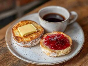A plain English muffin with butter and jam on a white plate.