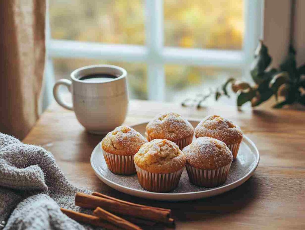 A table with freshly baked vegetarian cinnamon sugar donut muffins and a steaming cup of coffee.