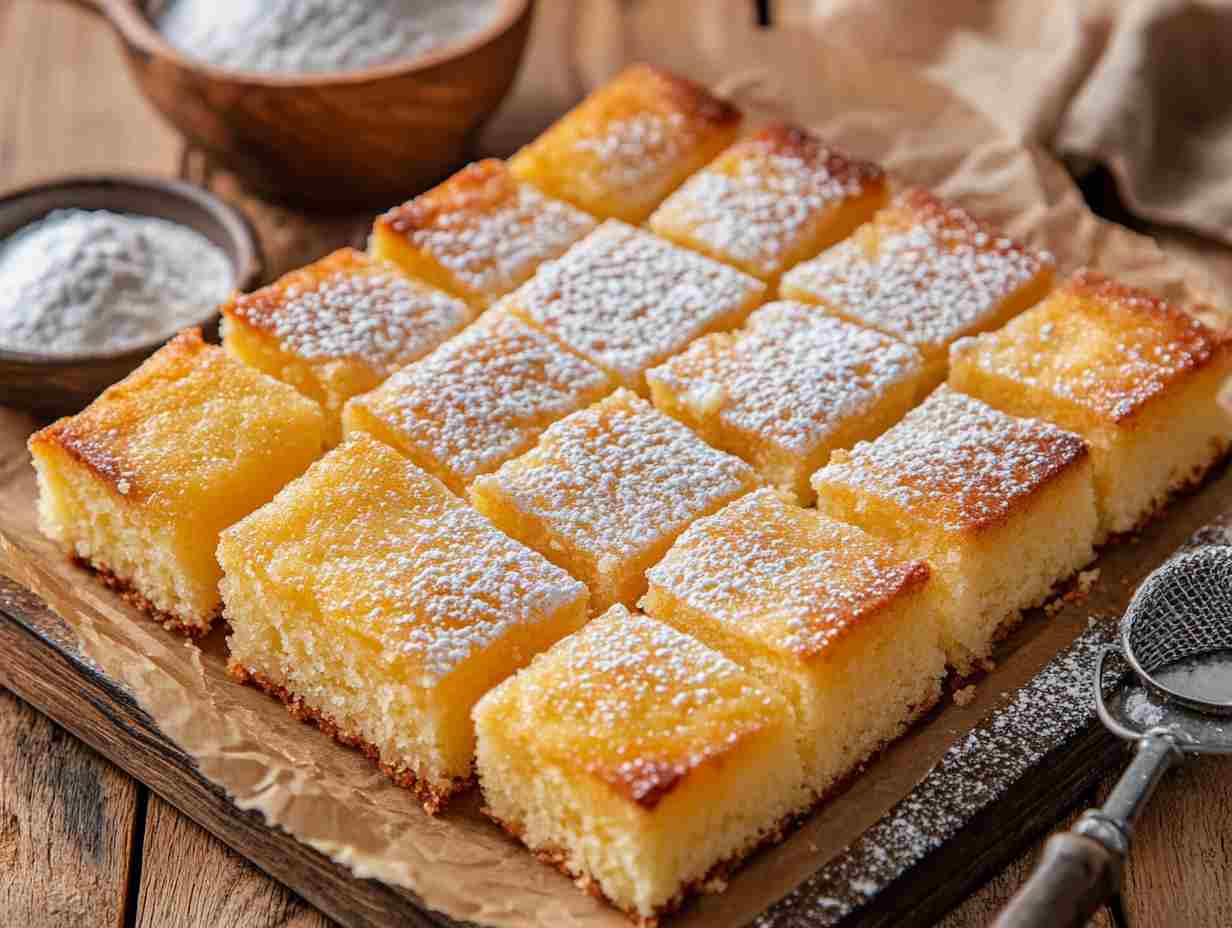Easy kefir sheet cake garnished with fresh berries and powdered sugar.