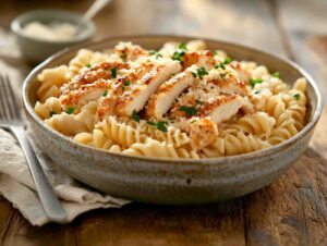 A large bowl of Garlic Parmesan Chicken Pasta garnished with parsley and Parmesan cheese.