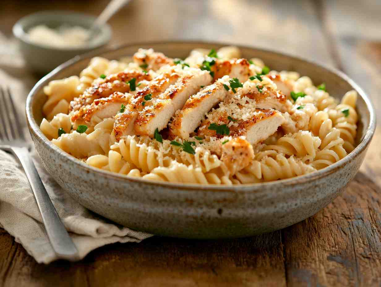 A large bowl of Garlic Parmesan Chicken Pasta garnished with parsley and Parmesan cheese.