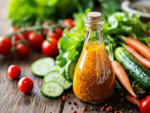 A bottle of Golden Italian dressing with lettuce, tomatoes, and cucumbers on a wooden table.