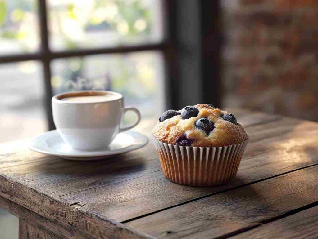 A muffin paired with coffee on a table