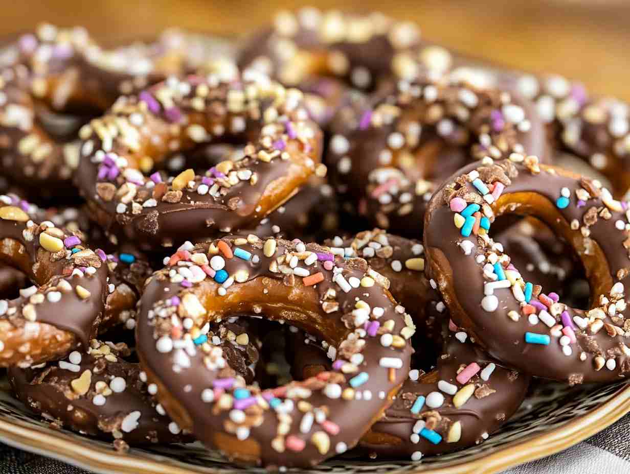 A plate of chocolate-covered pretzels with colorful toppings in a cozy kitchen setting.