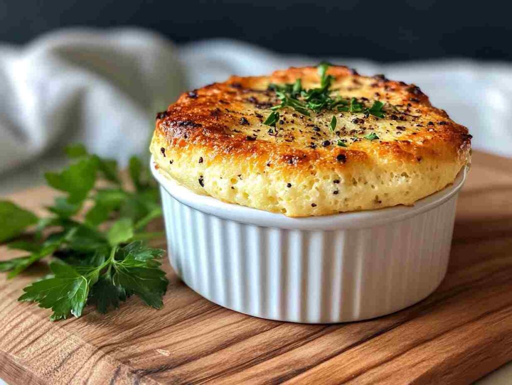 A golden-brown black pepper and parmesan soufflé rising elegantly in a ramekin.