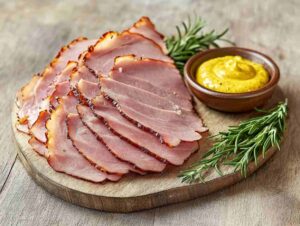 Is sliced ham already cooked displayed on a wooden board with herbs and mustard.