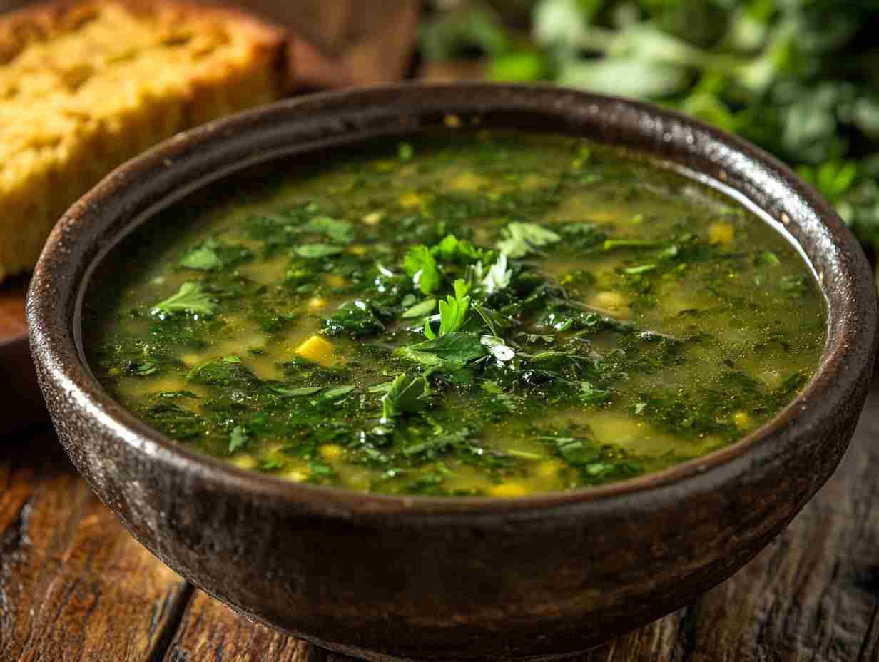 Swamp Soup Recipe: A hearty bowl with fresh greens and cornbread.