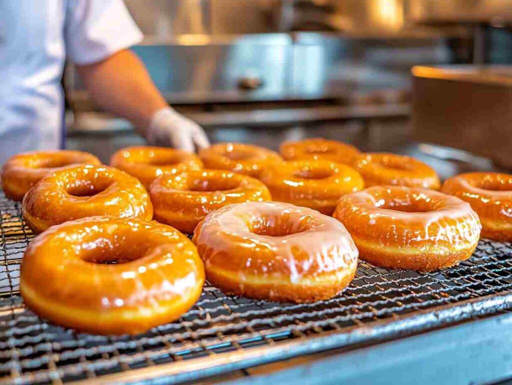 Long John donuts being prepared in a bakery.
