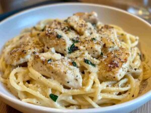 A creamy plate of garlic parmesan chicken pasta topped with parsley.