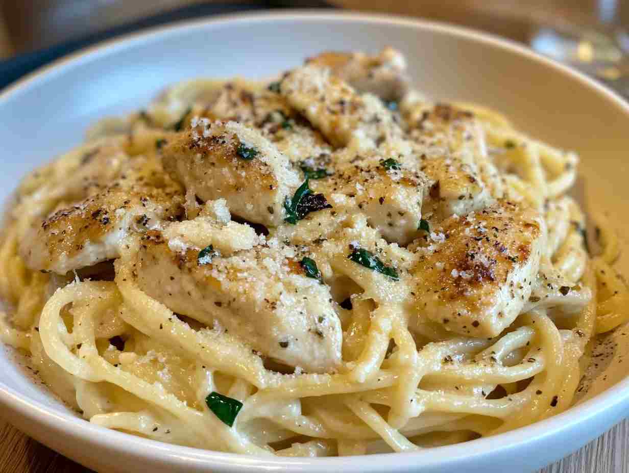 A creamy plate of garlic parmesan chicken pasta topped with parsley.