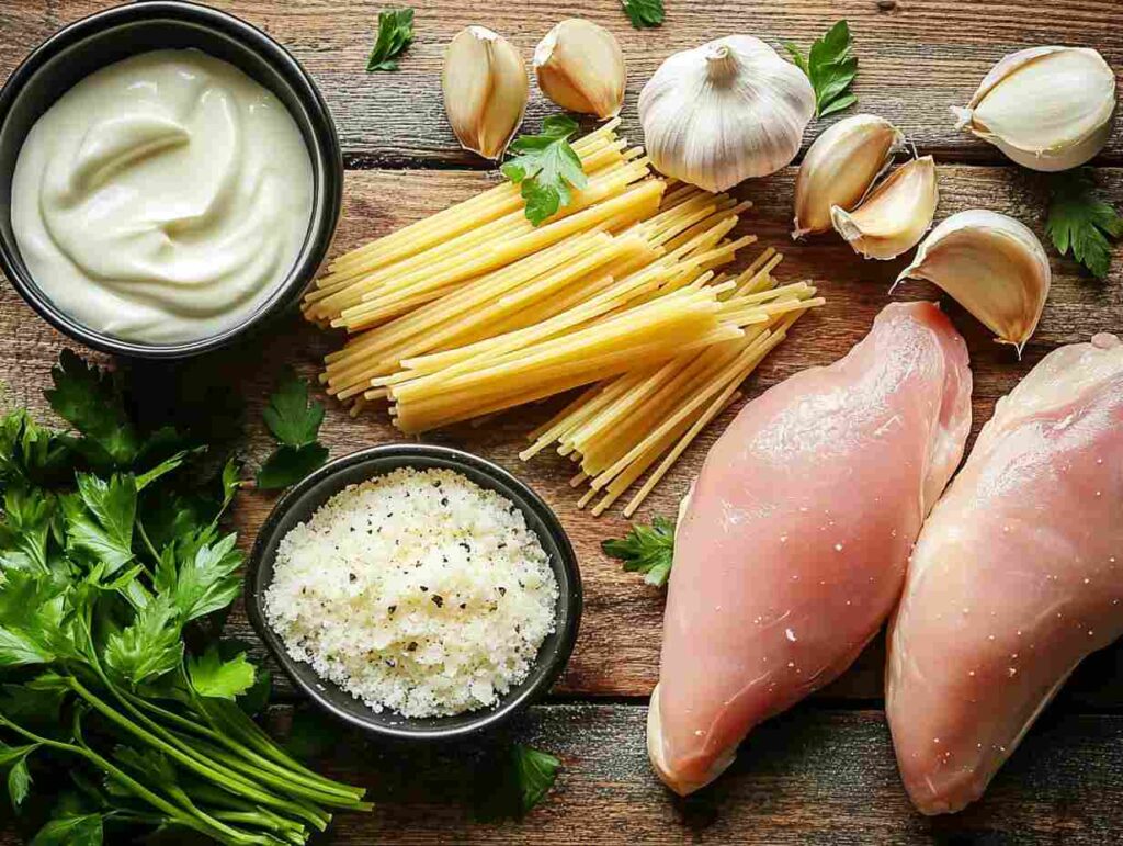 Ingredients for Garlic Parmesan Chicken Pasta.