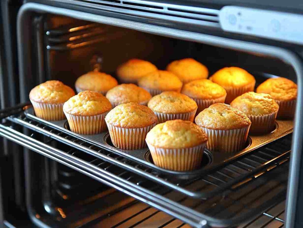 Muffins baking in the oven, golden brown on top.