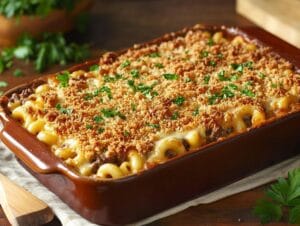 A baked mac and cheese meatloaf casserole with a golden crust and creamy, cheesy layers.