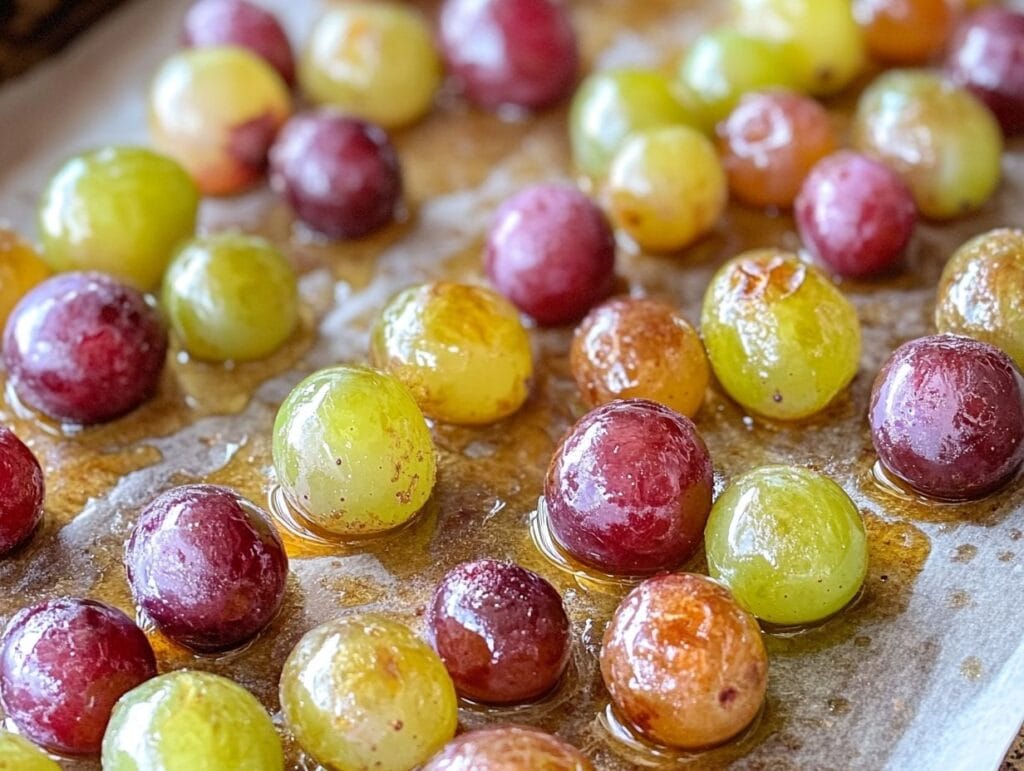A tray of roasted grapes glistening with caramelized sugars.