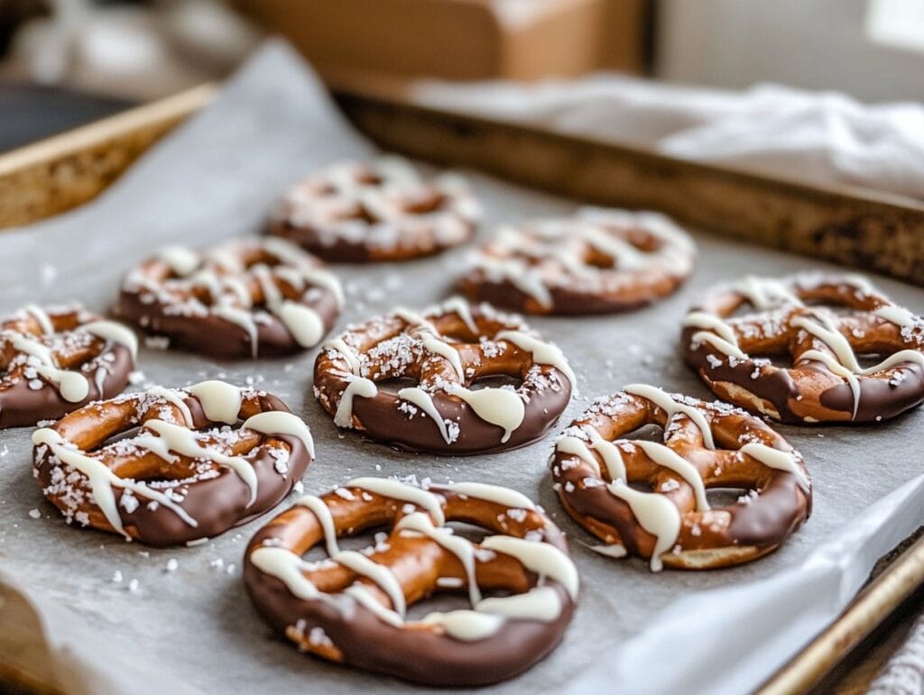 Homemade milk chocolate covered pretzels cooling on a tray.