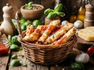 Basket of pizza sticks with marinara sauce.