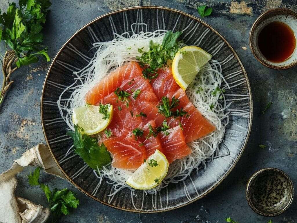 Yellowtail sashimi with garnishes served on a traditional plate with soy sauce and wasabi.