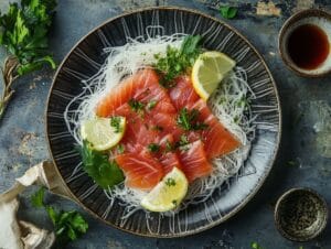 Yellowtail sashimi with garnishes served on a traditional plate with soy sauce and wasabi.