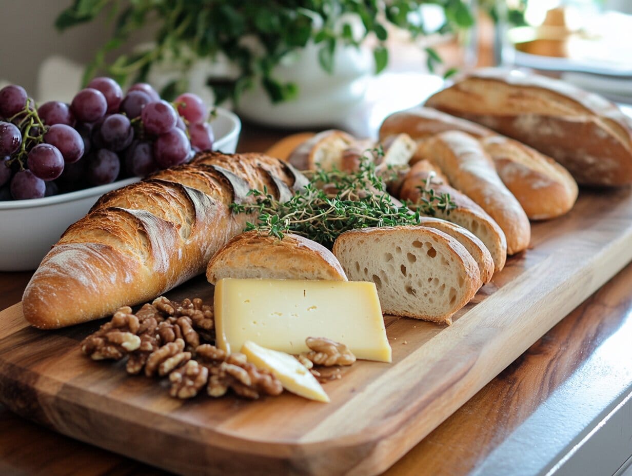 Bread and cheese arranged beautifully on a wooden board with fruits and herbs.