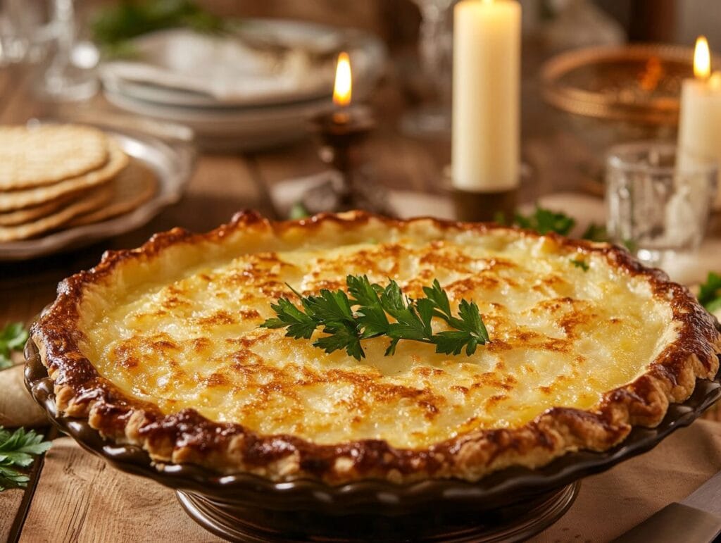 A golden-baked Passover Potato Pie on a festive Passover table with traditional elements like a Seder plate and matzah.