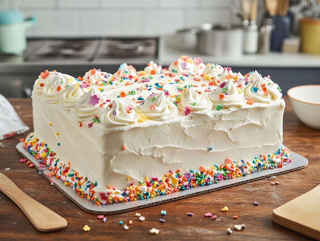 Full sheet cake on a baking tray with colorful decorations