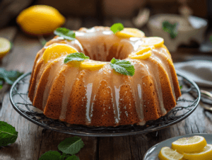 Light and fluffy bundt cake with a lemon glaze made from egg whites.