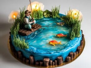 Fishing cake masterpiece with realistic decorations, including a blue pond, fondant fish, and a fisherman figurine.