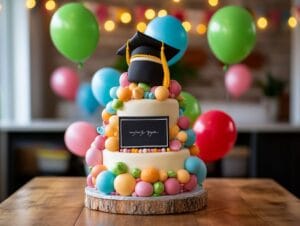 A graduation cake with cap and diploma decorations.