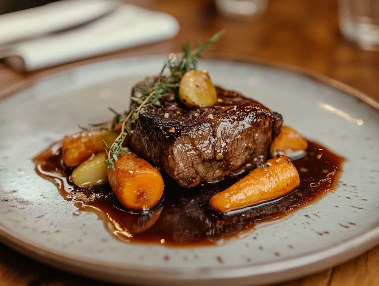 Braised skirt steak served with roasted vegetables and sauce on a plate.