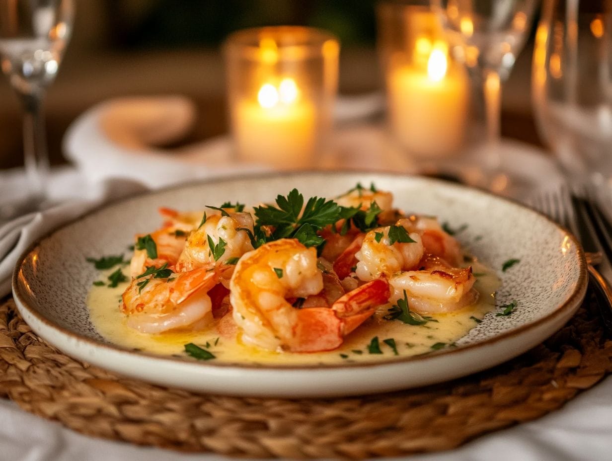 Langostino scampi with garlic butter sauce served for a romantic dinner.