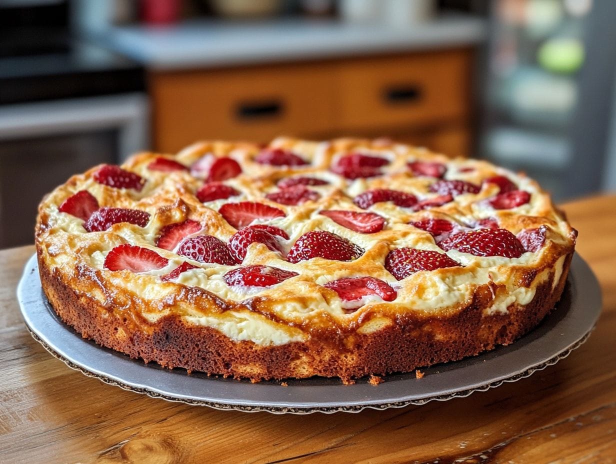 A strawberry earthquake cake with cream cheese swirls on a wooden table.