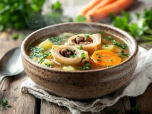 Assorted soup bones with vegetables ready for broth preparation