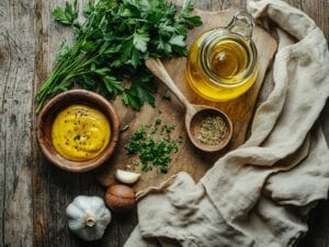 Ingredients for golden Italian dressing displayed on a wooden table.