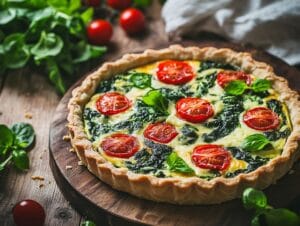 A freshly baked quiche filled with spinach, cheese, and other nutritious ingredients, perfect for a pregnant woman.