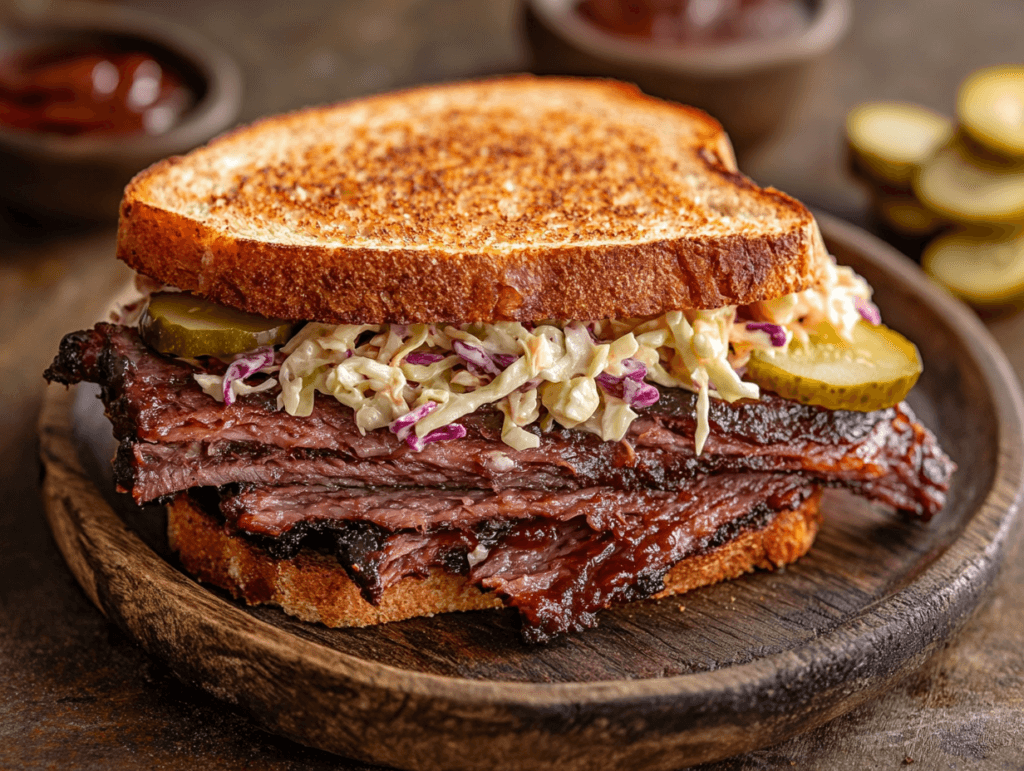 Overview of a brisket sandwich on a wooden plate
