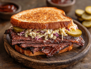 Overview of a brisket sandwich on a wooden plate