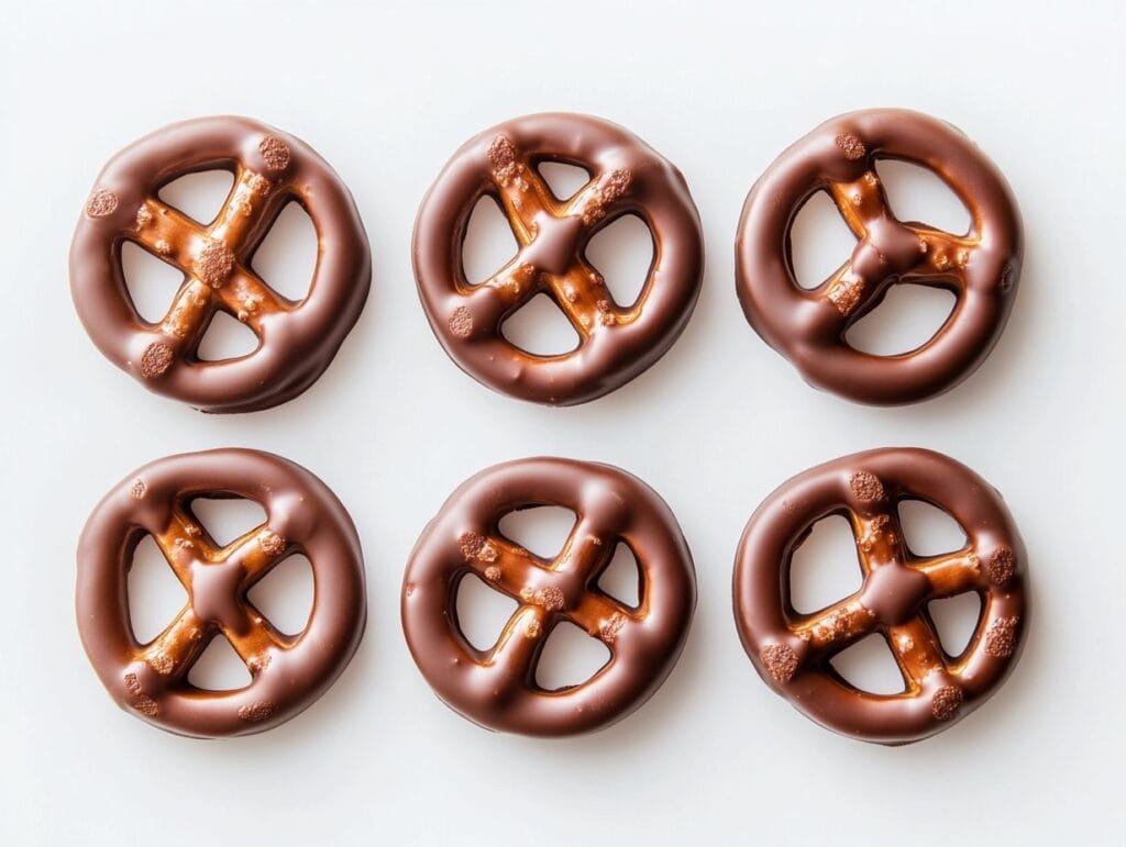 Nutrition label of milk chocolate covered pretzels showing calories and sugar content.