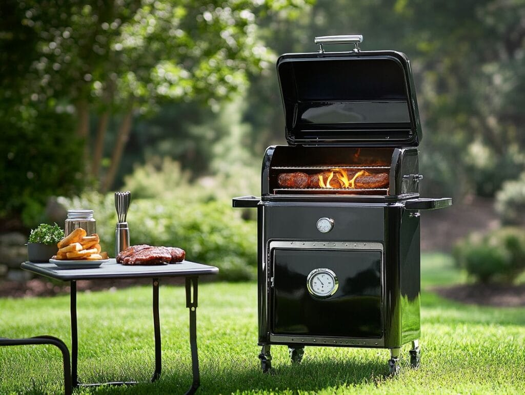 An open smoker with glowing hickory wood chunks, barbecue tools arranged nearby.