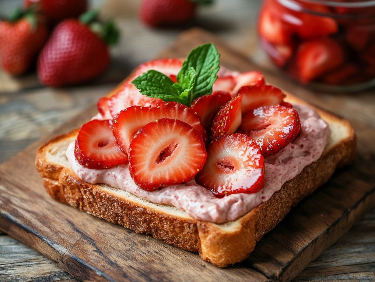 A vibrant slice of toast topped with creamy strawberry cream cheese and fresh strawberry slices.