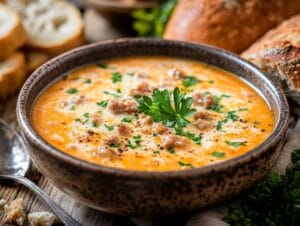 Bowl of creamy parmesan Italian sausage soup with parsley garnish and rustic bread on a wooden table.