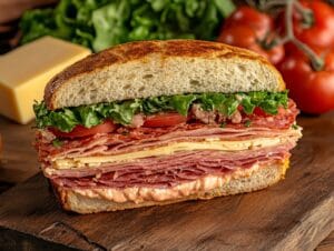 A perfectly crafted knob sandwich with vibrant layers