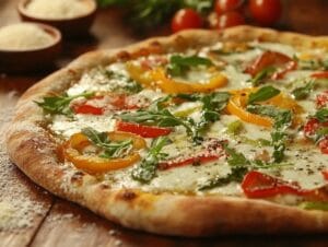 Cottage cheese pizza crust topped with vegetables and cheese on a wooden table.